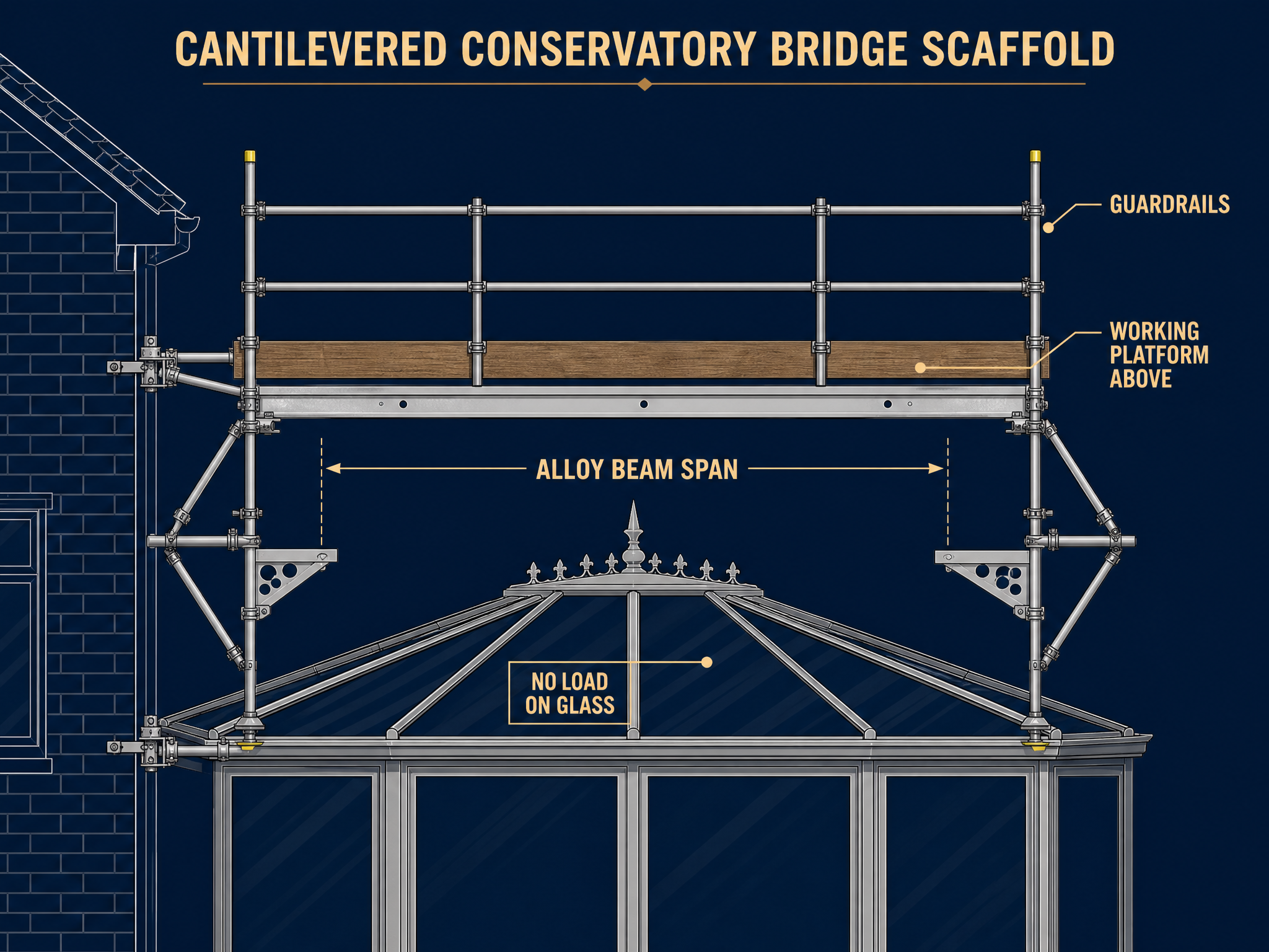 Cantilevered conservatory bridge scaffold diagram