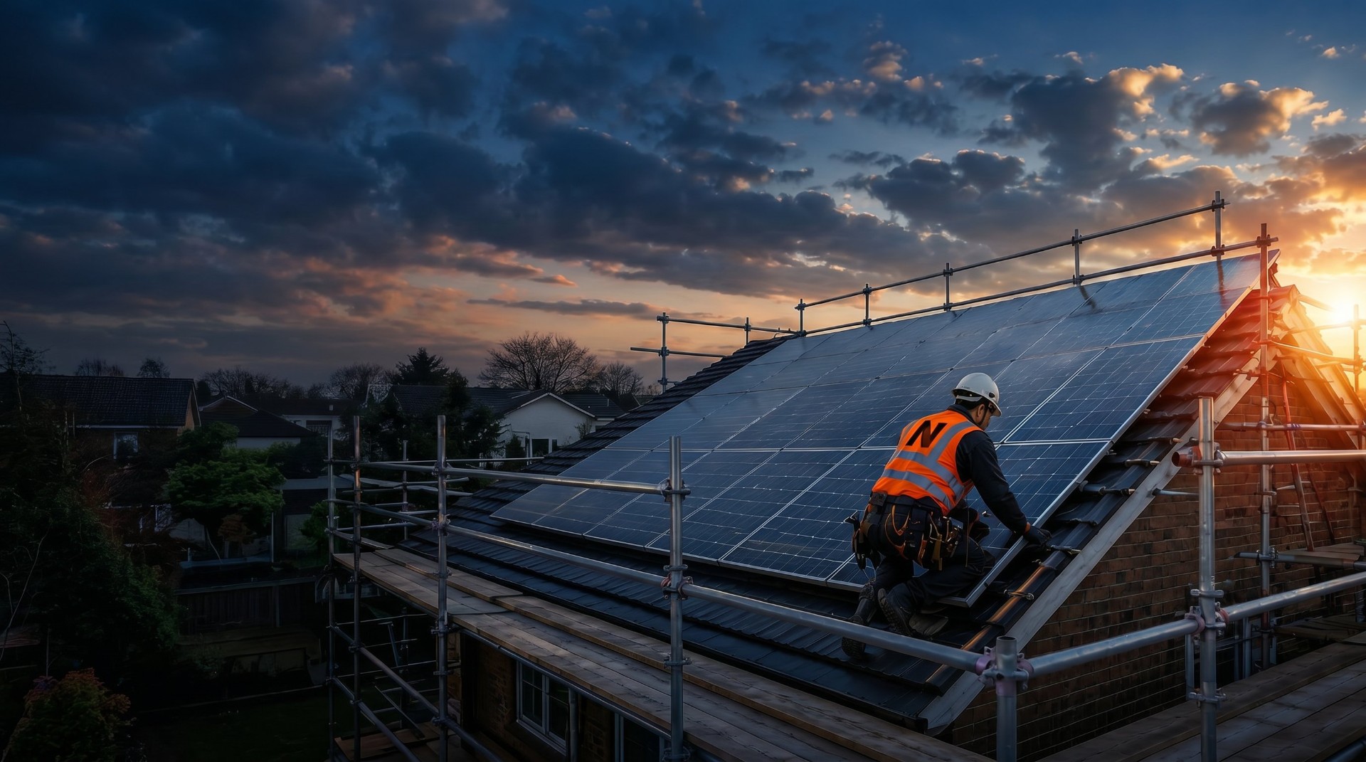 Scaffolders installing solar panels on a stone terrace at sunset